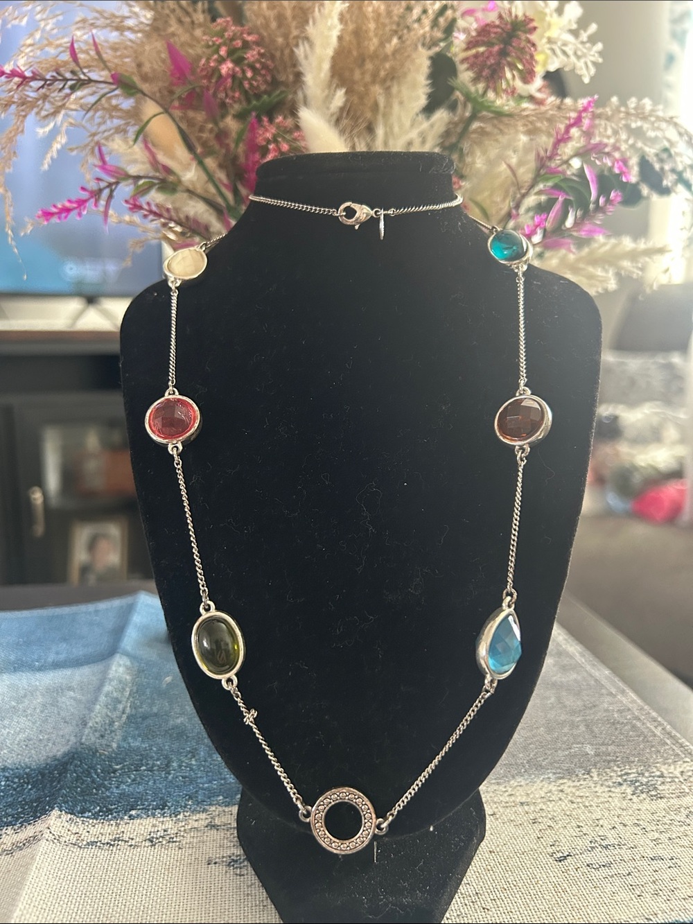 Multi-Gem Silver-Tone Long Necklace in Blue, Green, Red, Brown and Cream
